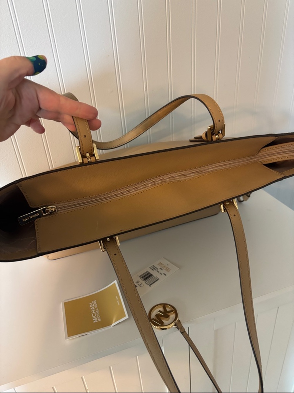 Michael Kors Gilly Camel Leather Tote with Gold MK Charm - Picture 10 of 16